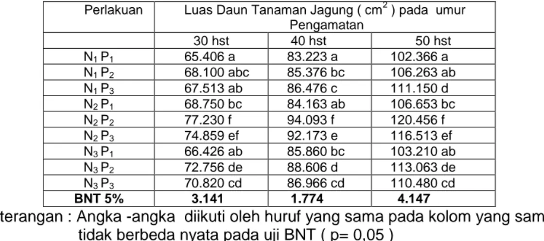 Tabel 5. Rerata Luas Daun Tanaman Jagung (  cm  2  ) pada Perlakuan Urea dan                  SP- 36 