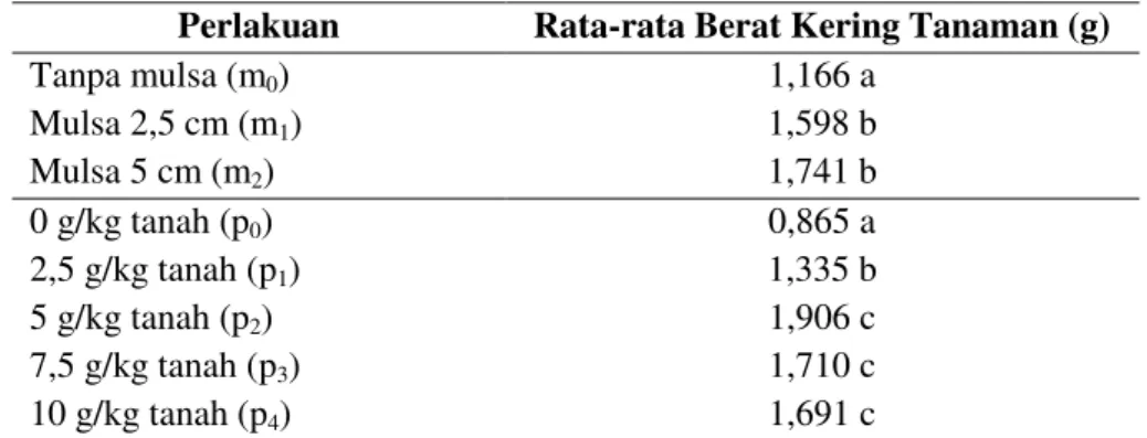 Tabel 4. Rata-rata Berat Kering (g) Tanaman Seledri dengan Perlakuan MulsaBambu   dan Pupuk Kohe Kambing 