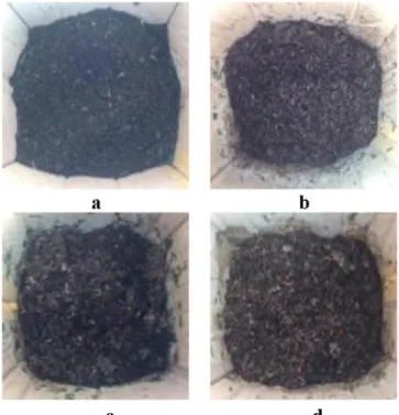 Gambar 6. Kompos Takakura dengan bibit komersil (a), sekam-dedak dan mol nasi basi (b), sekam-dedak dan mol Takakura (c), sekam-dedak dan