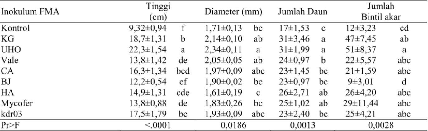 Tabel 4.   Pengaruh perlakuan terhadap pertumbuhan bibit kayu kuku (P. Mooniana) umur 5 bulan 