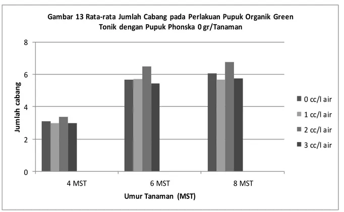 Gambar 13 Rata-rata  Jumlah Cabang  pada  Perlakuan Pupuk Organik  Green  Tonik  dengan Pupuk Phonska  0 gr/Tanaman 