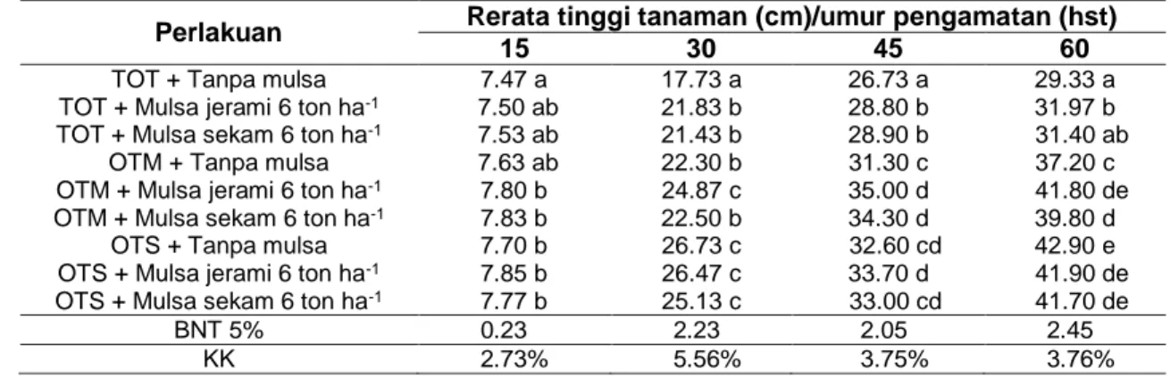 Tabel 1 Rerata Tinggi Tanaman Akibat Kombinasi Sistem Olah Tanah dan Mulsa Organik pada  Berbagai Umur Pengamatan