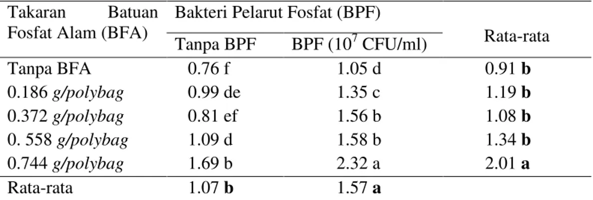 Tabel 2. Rata-rata berat kering tajuk tanaman (g) dengan pemberian bakteri  pelarut fosfat pada berbagai takaran batuan fosfat