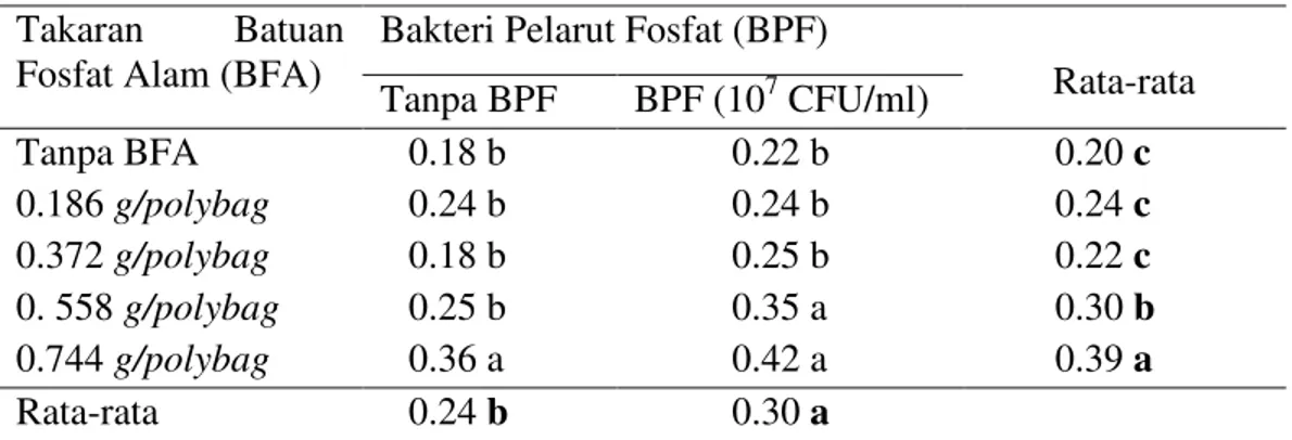 Tabel 3. Rata-rata berat kering akar tanaman (g) dengan pemberian bakteri  pelarut fosfat pada berbagai takaran batuan fosfat