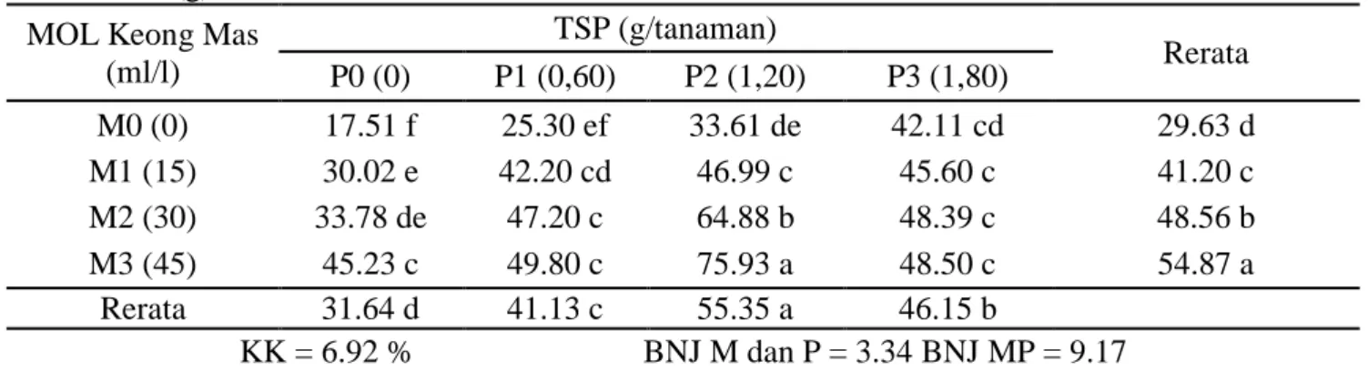 Tabel 4. Rerata berat polong kering pertanaman kacang tanah dengan perlakuan MOL keong mas dan  TSP (g)