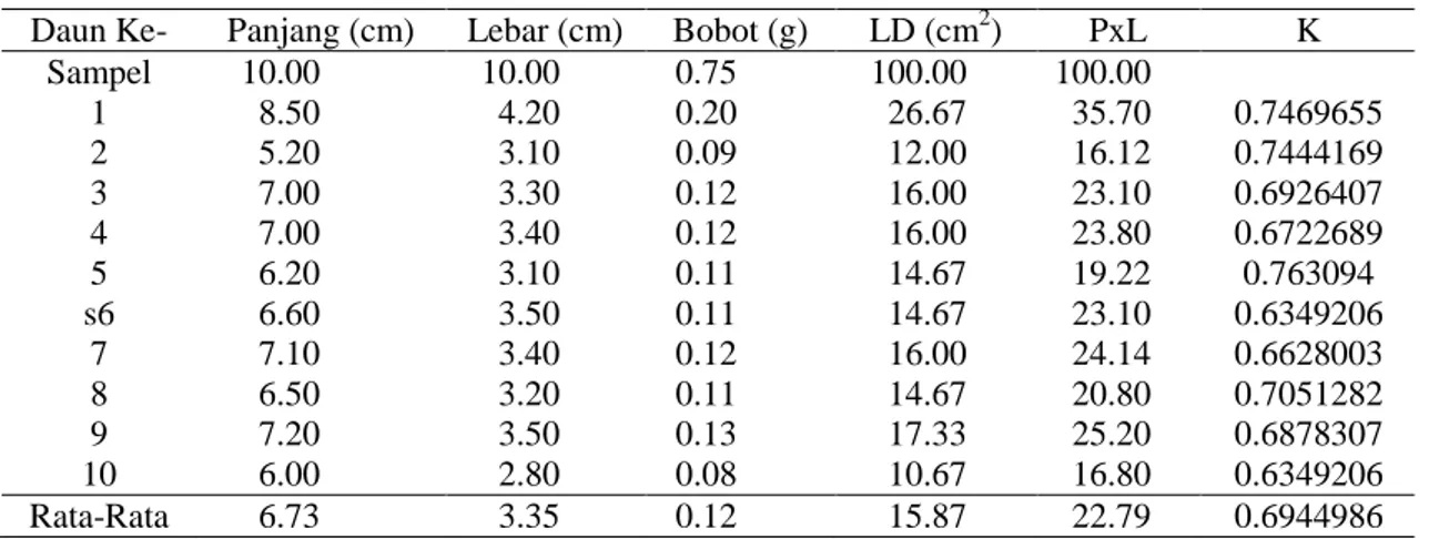 Tabel 6.  Luas daun varietas Keprok Borneo Prima 