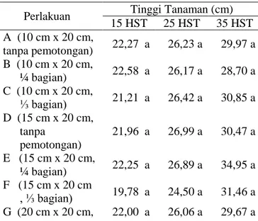 Tabel 7. Pengaruh  Jarak  Tanam  dan  Pemotongan  Umbi  Bibit  terhadap  Tinggi  Tanaman  (cm)  pada  Umur  15,  25 dan 35 HST  