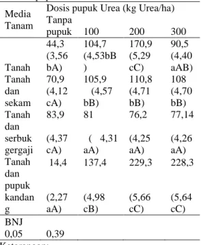 Tabel  3.  Rata-rata  interaksi  luas  daun  umur  40  hari  setelah  tanam  (HST)  akibat  pengaruh  media  tanam  dan  pemberian  pupuk Urea 