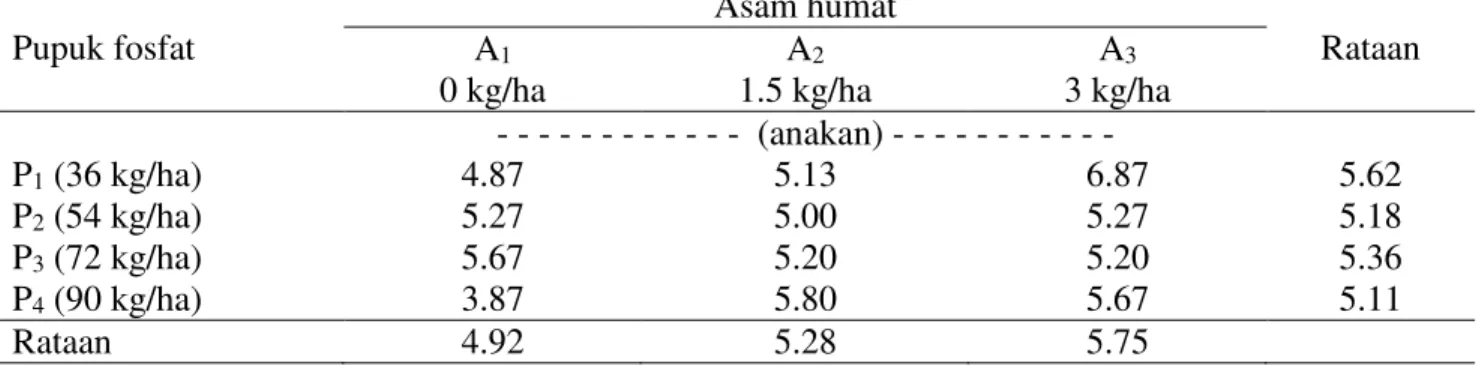 Tabel  1  juga  menunjukkan  pada  5-7  MST  jumlah  daun  terbanyak  diperoleh  pada  dosis  asam  humat  3  kg/ha  (A3)  yang  berbeda  nyata dengan A1 dan A2