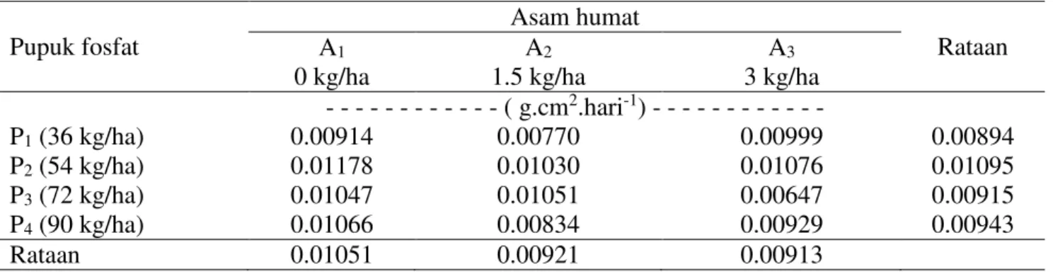 Tabel 4. Laju asimilasi bersih (g.cm 2 .hari -1 ) 38-60 HST pada dosis pupuk fosfat dan asam humat 