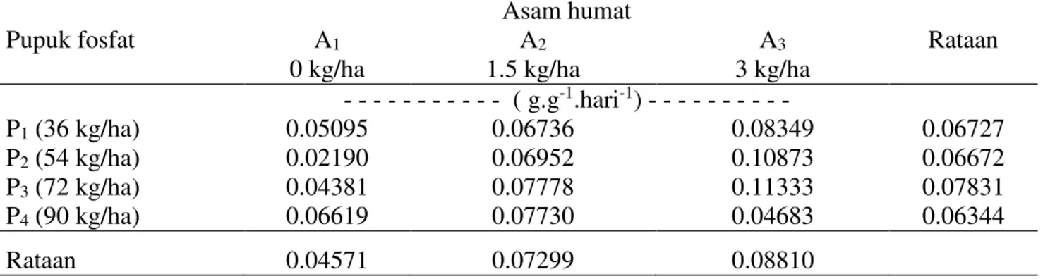Tabel  6.  Laju  pertumbuhan  tanaman  (g.g -1 hari -1 )  38-60  HST  pada  dosis  pupuk  fosfat  dan  asam  humat  Pupuk fosfat  Asam humat  Rataan A1  0 kg/ha  A2  1.5 kg/ha  A3  3 kg/ha  - - - - - - - - - - -  ( g.g -1 .hari -1 ) - - - - - - - - - -  P1