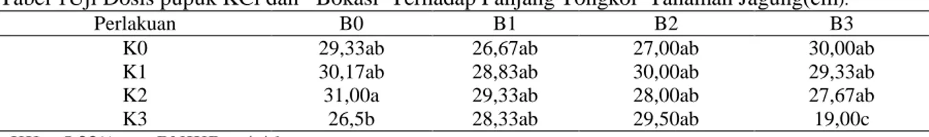 Tabel 1Uji Dosis pupuk KCl dan   Bokasi  Terhadap Panjang Tongkol  Tanaman Jagung(cm )