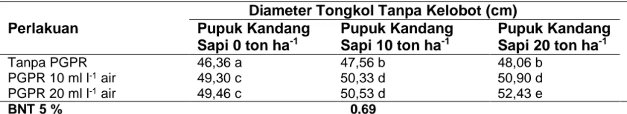 Tabel  8.  Diameter  Tongkol  Tanpa  Kelobot  akibat  Interaksi  Pemberian  PGPR  dan  Pupuk  Kandang Sapi pada Tanaman Jagung Manis