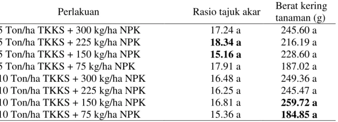Tabel  1.  Rata-rata  rasio  tajuk  akar  dan  berat  kering  tanaman  jagung  manis  (g)  dengan pemberian kompos TKKS dan pupuk NPK