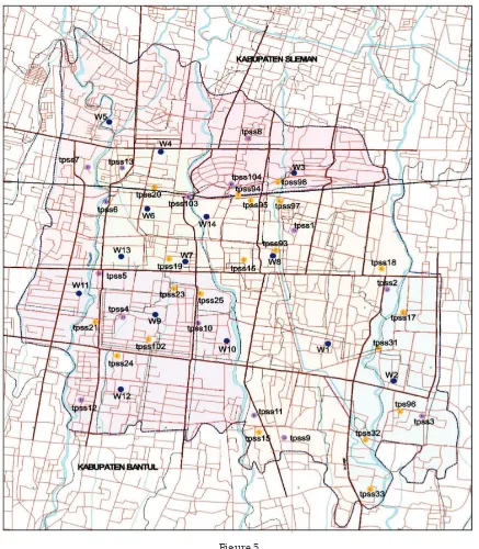 Figure 5 Locations of depots (purple circle), containers (yellow circle) and aggregated waste sources (blue 
