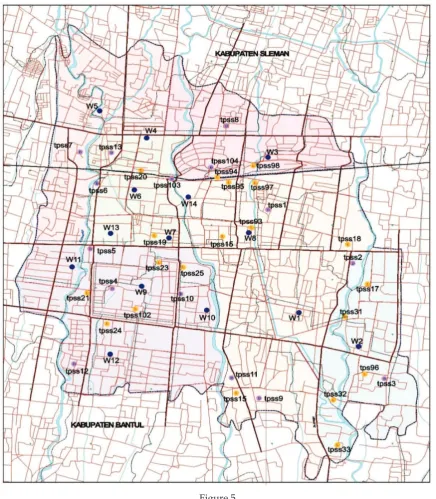 Figure 5 Locations of depots (purple circle), containers (yellow circle) and aggregated waste sources (blue 