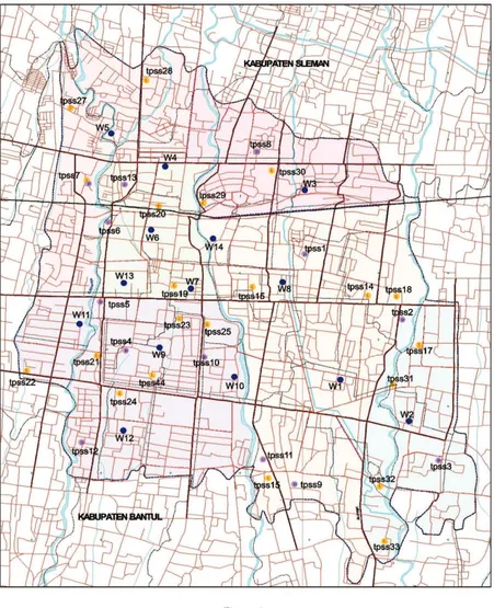 Figure 4.Locations of depots (purple circle), containers (yellow circle) and aggregated waste sources (blue 