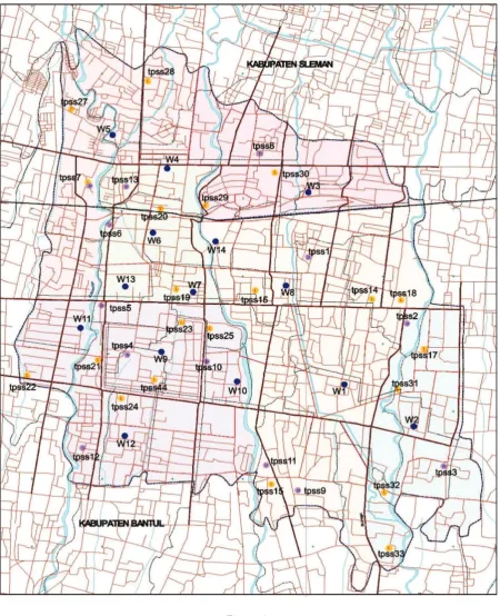Figure 4.Locations of depots (purple circle), containers (yellow circle) and aggregated waste sources (blue 