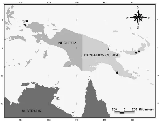 Figure 5.—Map showing the distribution of charinid species in the Papuan region. Symbols used: circle, Sarax willeyiSalawati Island (Indonesia), Madang and New Britain (Papua New Guinea); flower,rectangle, from Batanta Island, Sarax newbritainensis, new species from New Britain; Sarax monodenticulatus, new species from Waigeo Island (Indonesia); polygon, Charinus papuanus from Port Moresby (PapuaNew Guinea).