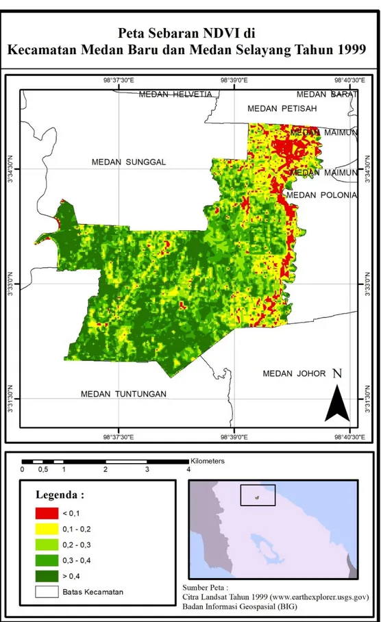 Gambar  3.  Peta  sebaran  Normalized  Difference  Vegetation  Index  (NDVI)  di      Kecamatan Medan Baru dan Medan Selayang tahun 1999
