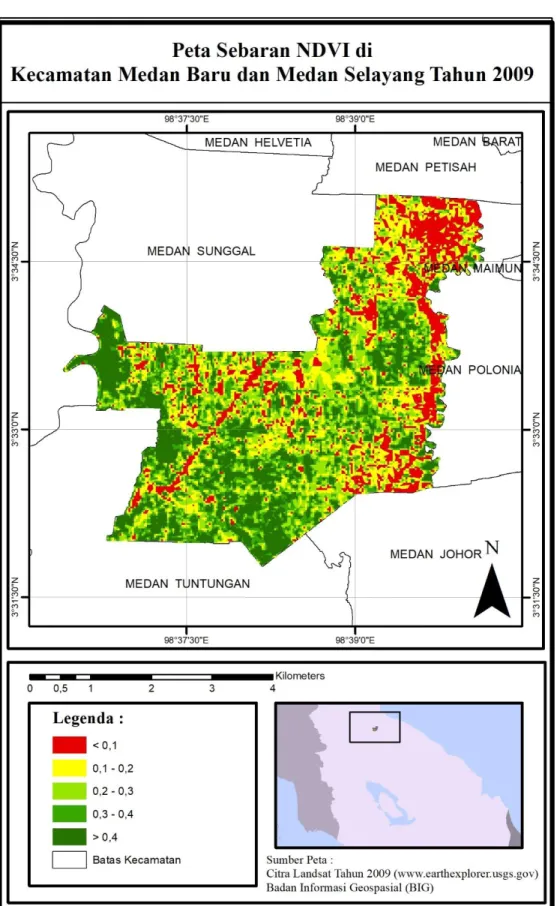 Gambar  5.  Peta  sebaran  Normalized  Difference  Vegetation  Index  (NDVI)  di    Kecamatan Medan Baru dan Medan Selayang tahun 2009