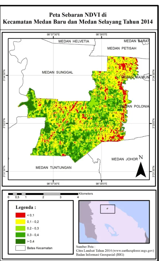 Gambar  6.  Peta  sebaran  Normalized  Difference  Vegetation  Index  (NDVI)  di                      Kecamatan Medan Baru dan Medan Selayang tahun 2014