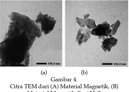 Gambar 4 (a) merupakan hasil citra TEM material magnetik pasir besi sebelum pen-