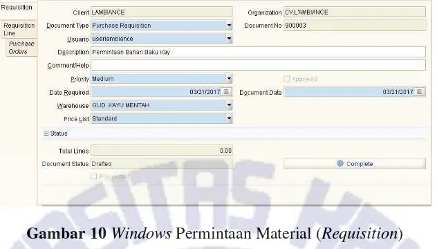 Gambar 10 Windows Permintaan Material (Requisition) 