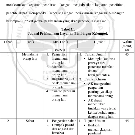 Tabel 3.1 Jadwal Pelaksanaan Layanan Bimbingan Kelompok 