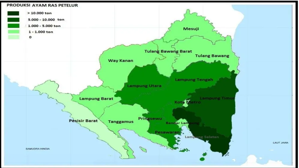 Gambar 5.  Peta sebaran produksi telur ayam ras di Provinsi Lampung periode 2013