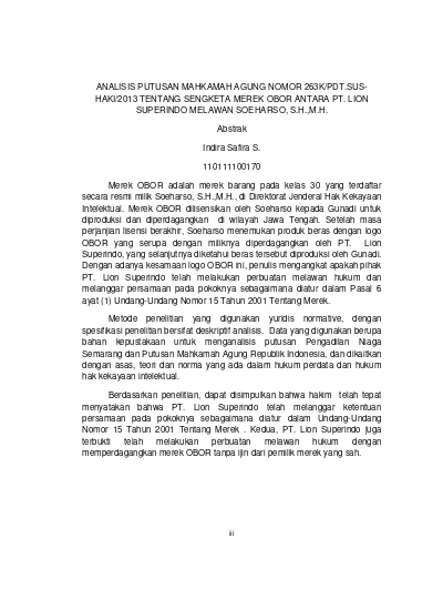 Analisis Putusan Mahkamah Agung Republik Indonesia Nomor 263k/pdt.sus ...