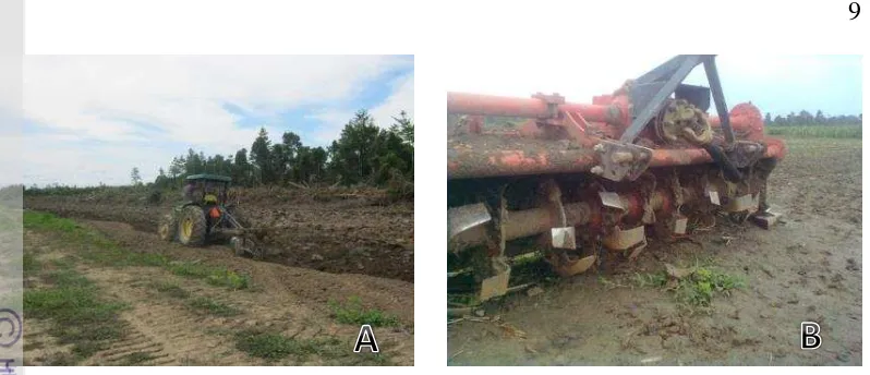 Gambar 1. Pengolahan tanah dengan disk plow (A), alat rotavator (B) 