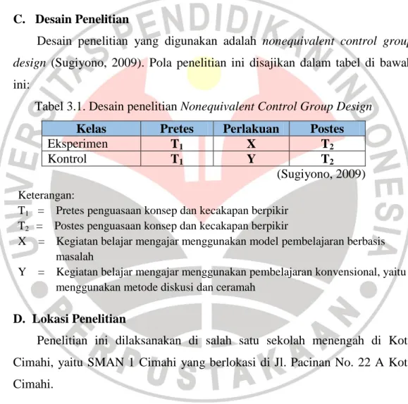 Tabel 3.1. Desain penelitian Nonequivalent Control Group Design  Kelas  Pretes  Perlakuan  Postes 