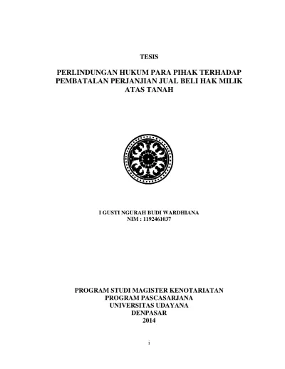 TESIS PERLINDUNGAN HUKUM PARA PIHAK TERHADAP PEMBATALAN PERJANJIAN JUAL ...