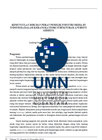 KEMUNCULAN DIRI DAN PERAN PEMILIK INDUSTRI MEDIA DI INDONESIA DALAM ...