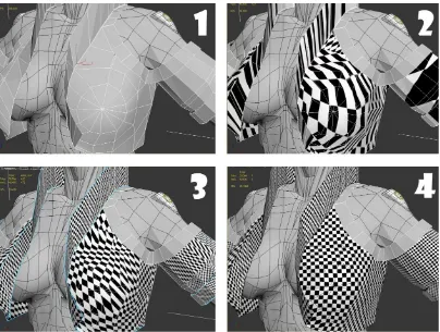 Gambar 4. (1) Model yang akan dilakukan unwrap, (2) model checker lalu diberi unwrap tanpa pelt dan relax, (3) pelt mapping yang telah diberi relax tool