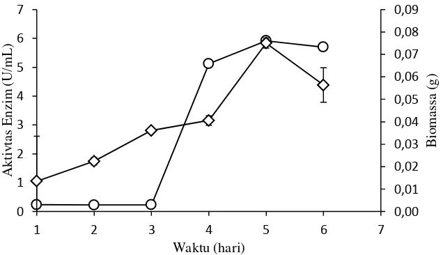 Gambar 4  Kurva pertumbuhan (−◊−) dan aktivitas xilanase (−○−) Streptomyces        sp