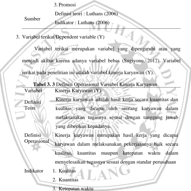 Tabel 3. 3 Definisi Operasional Variabel Kinerja Karyawan  Variabel  Kinerja Karyawan (Y) 