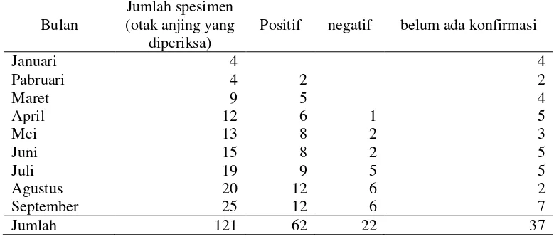 Tabel 2. Jumlah spesimen otak anjing yang dikirim untuk pemeriksaan virus rabies per bulan di kabupaten Flores Timur Tahun 2008 