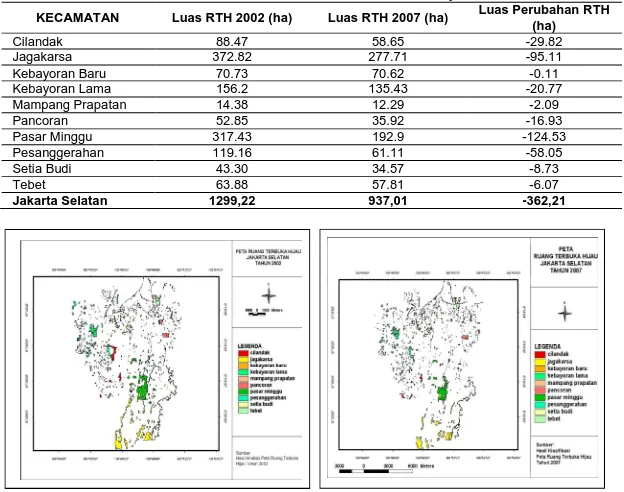 Tabel 3. Luas RTH Tahun 2002 dan 2007 serta Luas Perubahannya 