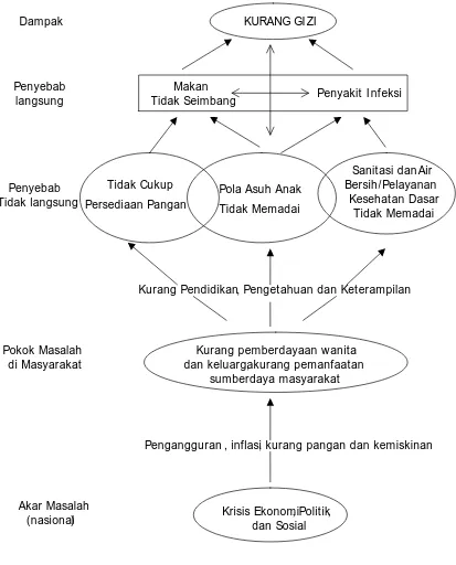 Gambar 2.1. Bagan Faktor Penyebab Kurang Gizi (Disesuaikan dari UNICEF, 1998 dalam Soekirman 1999/2000 dan Baliwati 2004) 