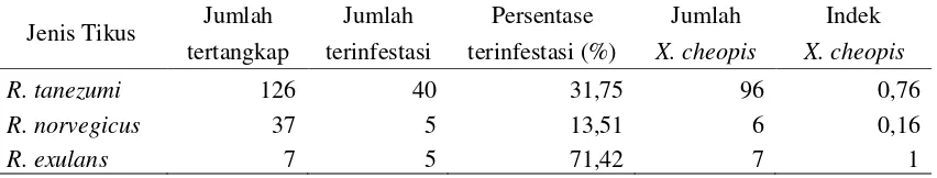 Tabel 4. Persentase infestasi dan indek X. cheopis berdasarkan jenis tikus 