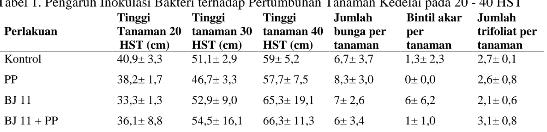 Tabel 1. Pengaruh Inokulasi Bakteri terhadap Pertumbuhan Tanaman Kedelai pada 20 - 40 HST Perlakuan Tinggi Tanaman 20 HST (cm) Tinggi tanaman 30HST (cm) Tinggi tanaman 40HST (cm) Jumlah bunga pertanaman Bintil akarpertanaman Jumlah trifoliat pertanaman Kon
