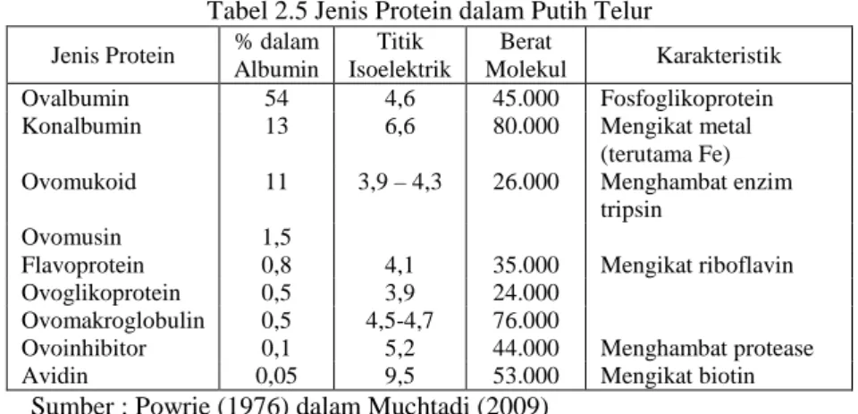 Tabel 2.5 Jenis Protein dalam Putih Telur  Jenis Protein  % dalam 