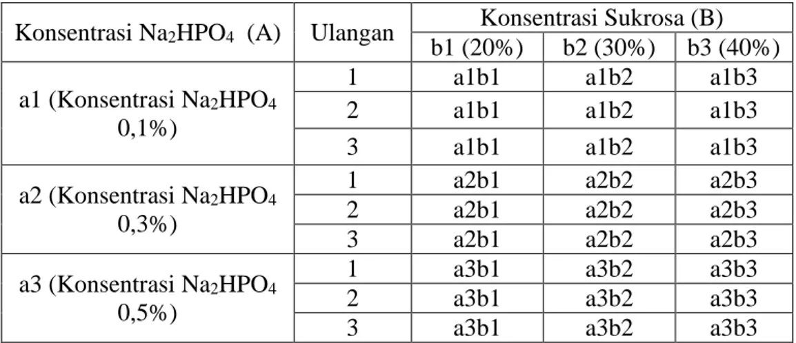 Tabel  4 .Model Eksperimen Interaksi Pola Faktorial (3x3)dalam Rancangan Acak  Kelompok dengan 3 kali Ulangan 