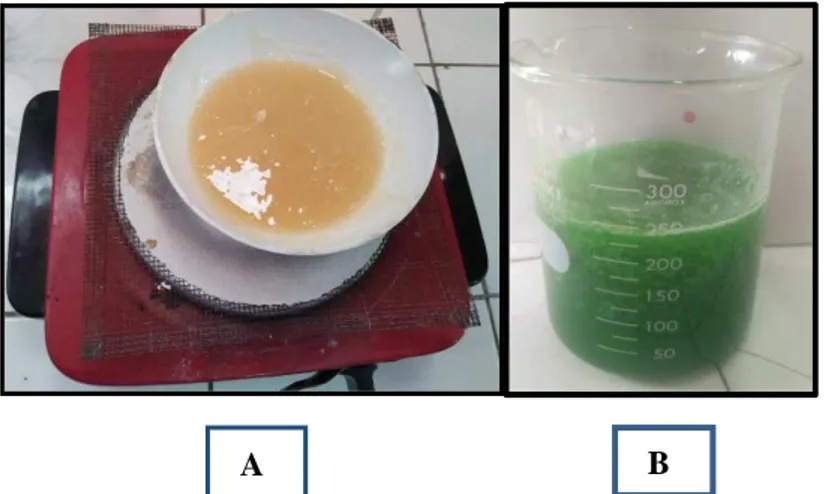 Gambar 6. A) Produk sabun cair sebelum pewarnaan.  B) Produk sabun cair setelah pewarnaan