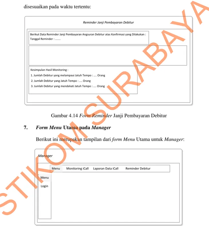 Gambar 4.14 Form Reminder Janji Pembayaran Debitur  7.  Form Menu Utama pada Manager 
