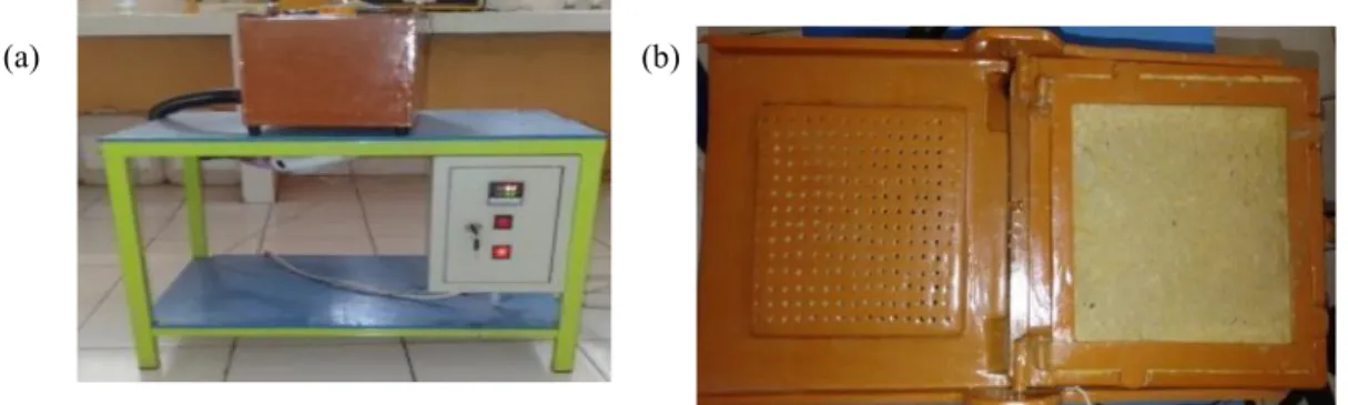 Gambar 1. Alat Vacuum Forming (a) tampak depan (b) tampak atas Alat vacuum forming terbagi menjadi beberapa bagian antara lain :