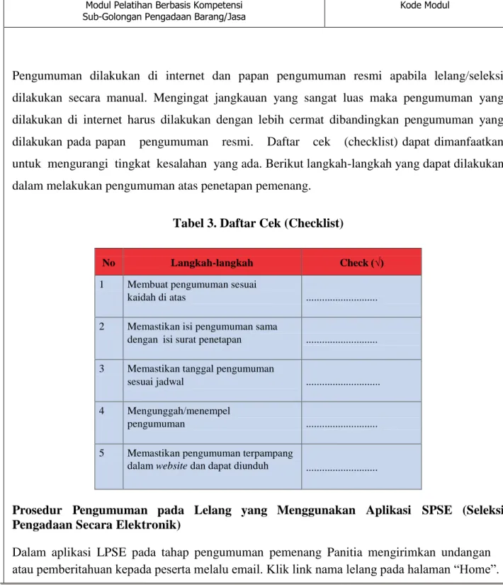 Tabel 3. Daftar Cek (Checklist) 