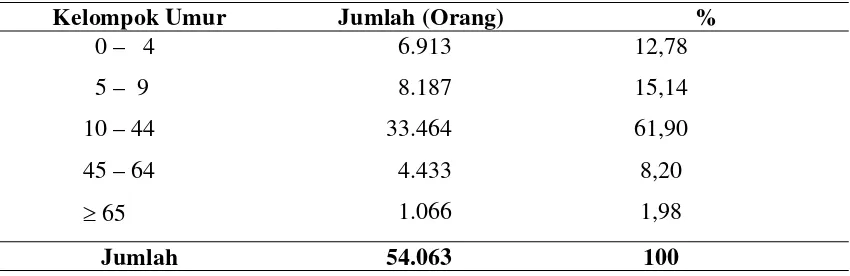 Tabel 4.5.  Jumlah dan Persentase Penduduk Menurut Kelompok Umur di                    Kecamatan Kota Pinang Tahun 2009 